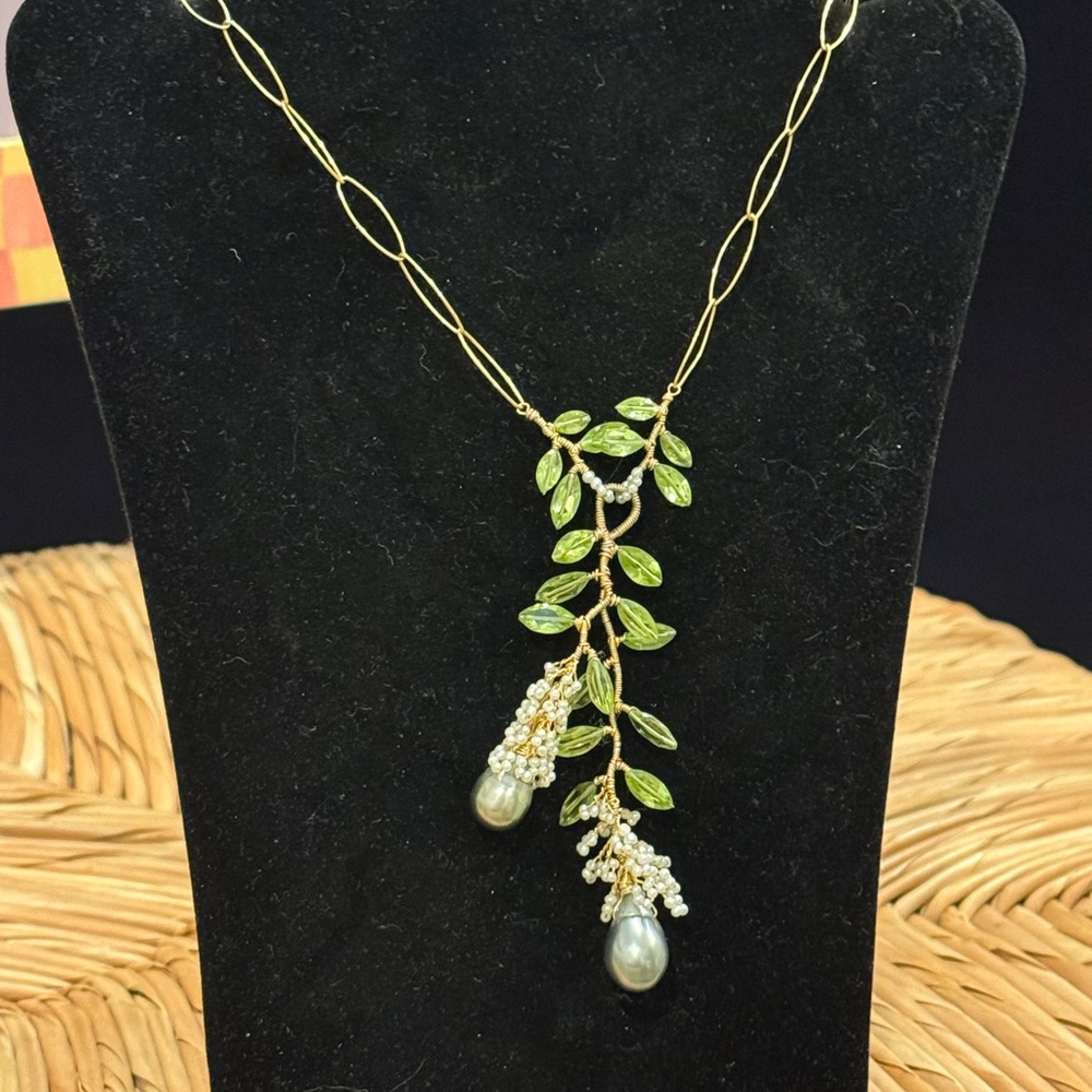 Veronica Kauai Gold Necklace with Green Leaf and Pearl Accents